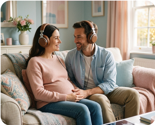 Pareja con audifonos escuchando un audio personalizado